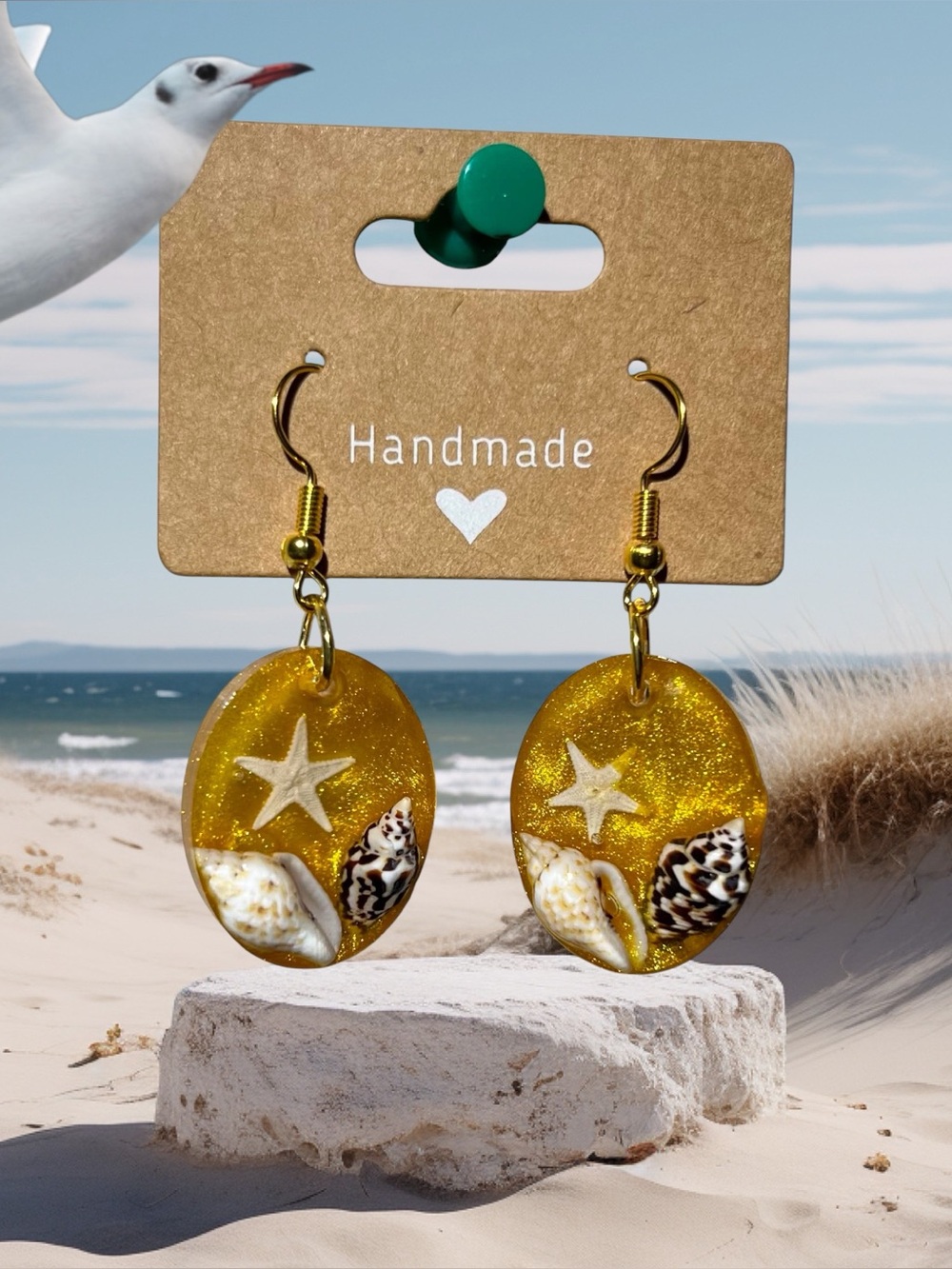 Handmade Yellow Glitter Shell & Starfish Drop Earrings
